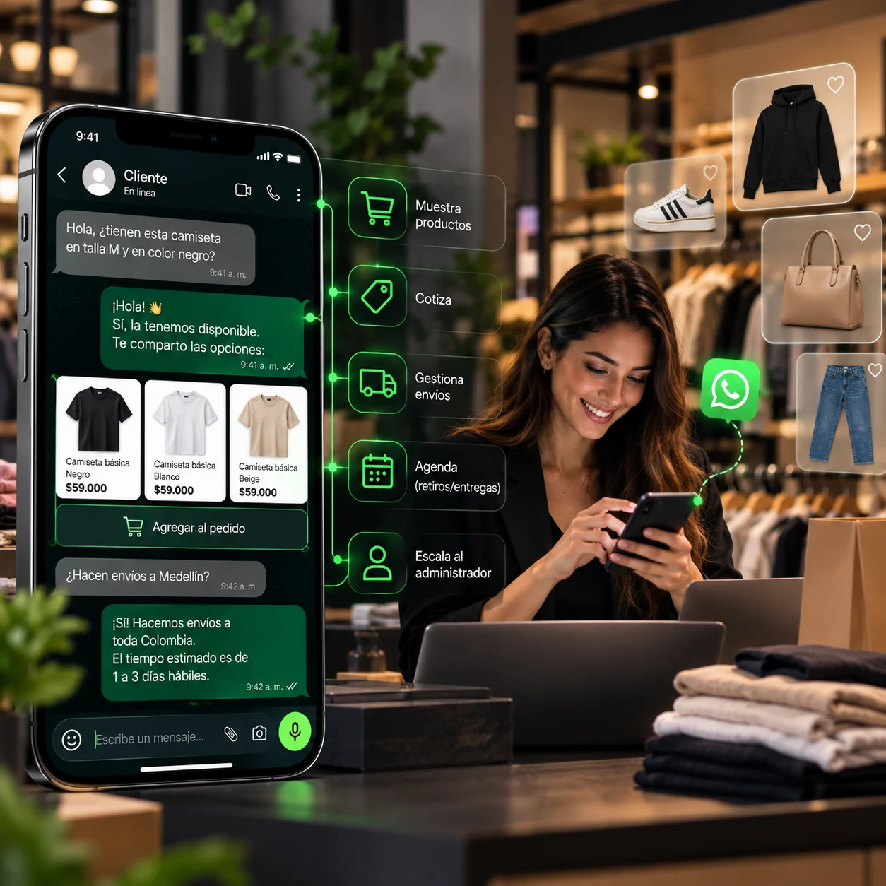 Tienda de ropa: el agente muestra productos, cotiza y gestiona envíos