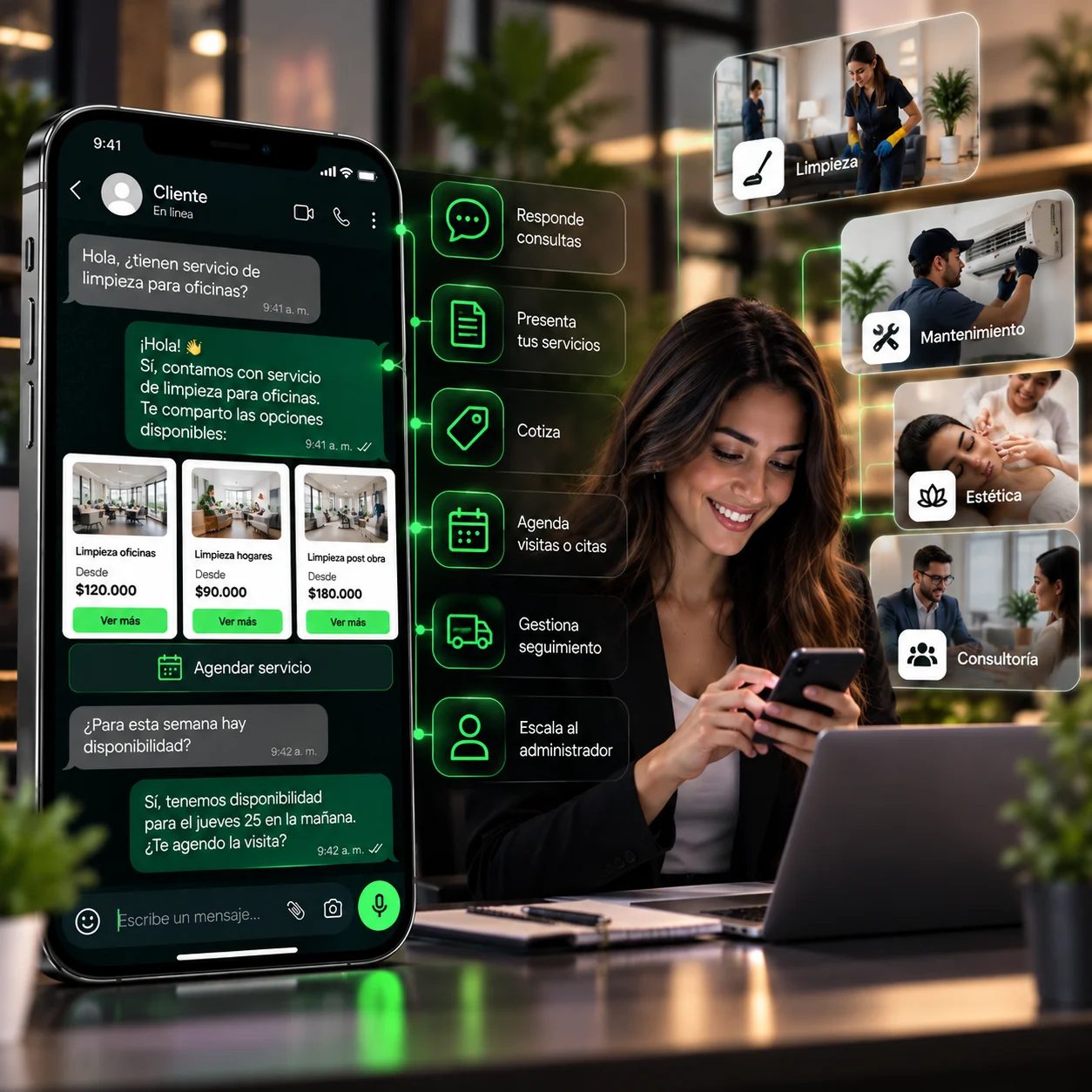 Empresa de servicios: el agente presenta servicios, cotiza y agenda visitas