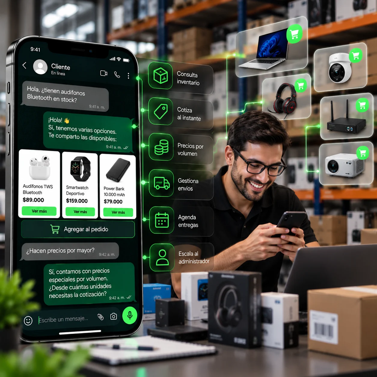 Distribuidora de tecnología: el agente consulta inventario y cotiza precios por volumen
