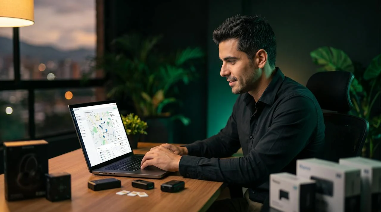 Fundador de AGENTIX revisando una plataforma de rastreo GPS en su oficina de Pereira