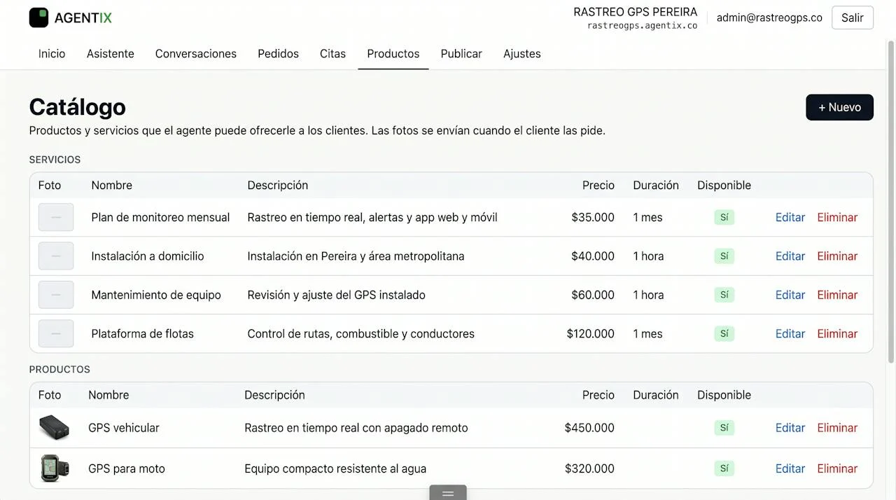Panel AGENTIX: catálogo de servicios y productos con precios editables