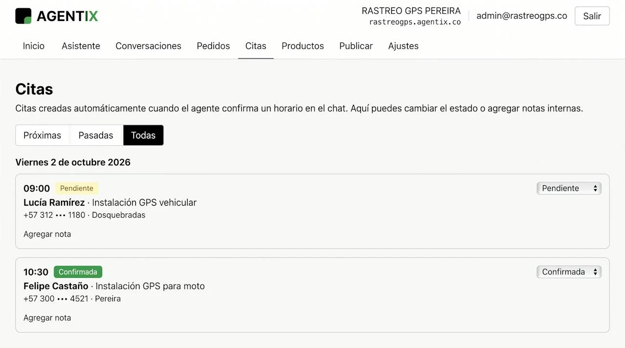 Panel AGENTIX: citas de instalación de GPS pendientes y confirmadas