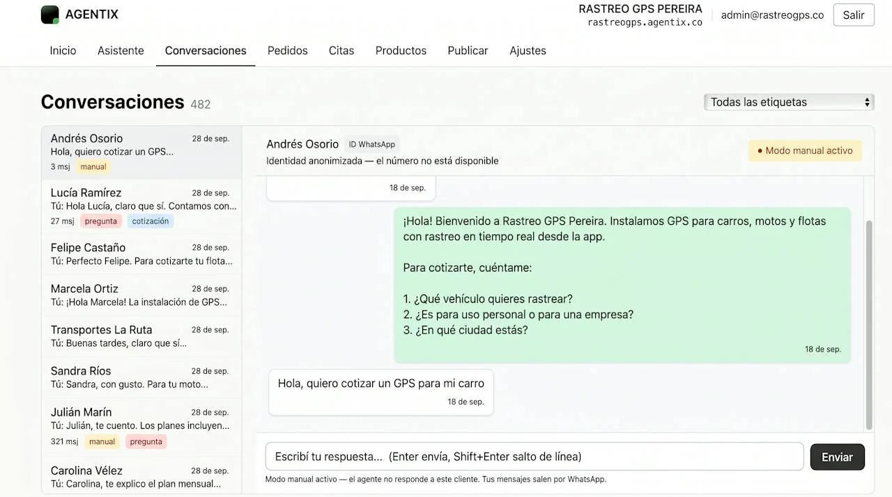 Panel AGENTIX: lista de conversaciones con etiquetas manual, pregunta y cotización, y el chat abierto de un cliente