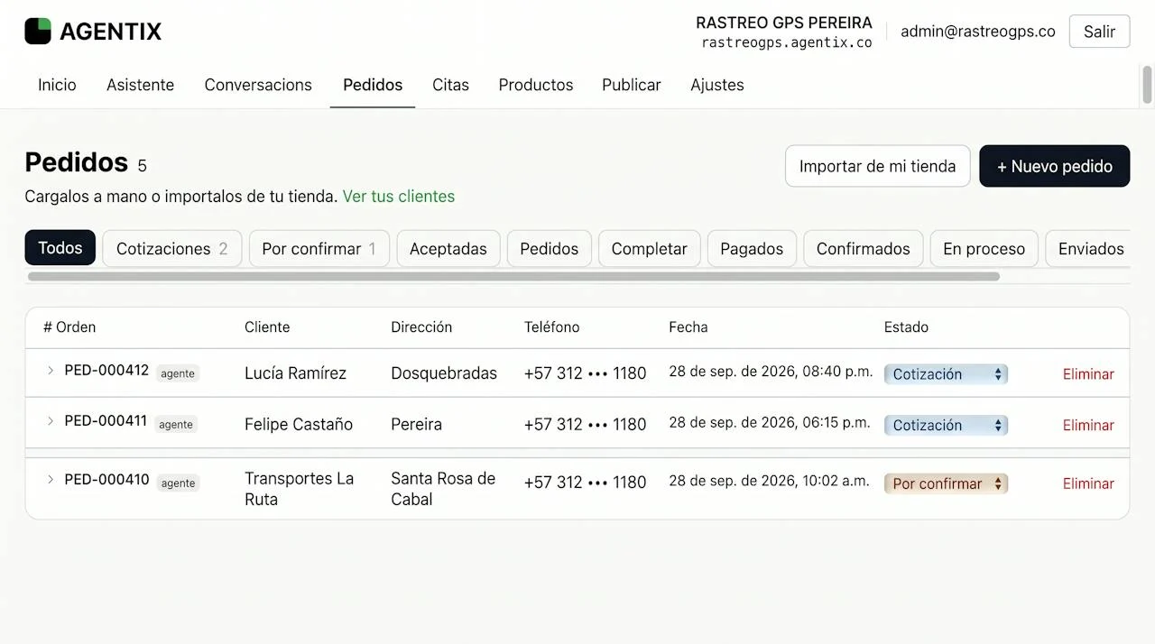 Panel AGENTIX: tabla de pedidos con estados Cotización y Por confirmar